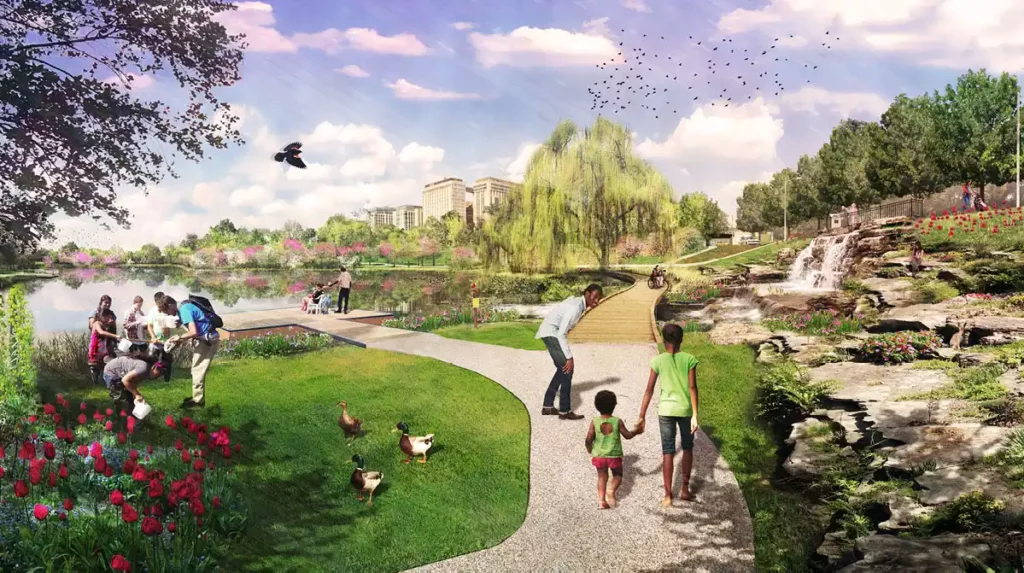 Rendering of Park with people exploring location