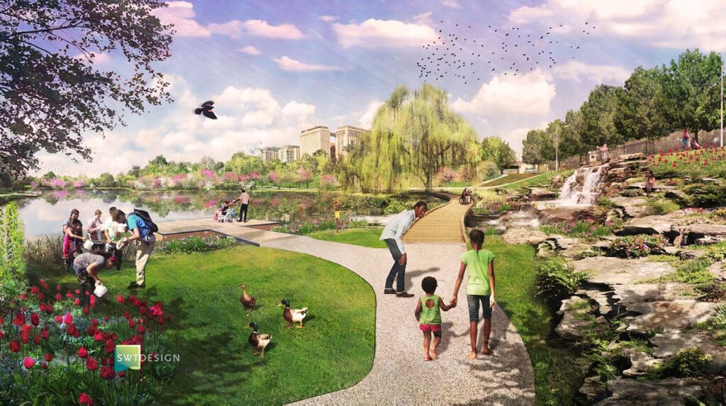 Rendering of Forest Park with people exploring location